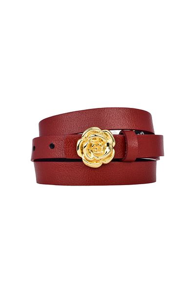 GoDeri 100% Genuine Leather, Gold Color Buckle Thin 2cm Red Women's Belt; Dress, Pants Belt Gül_Gold