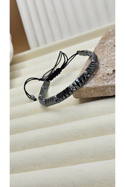 AURA Hematite Stone Anthracite Natural Stone Bracelet Macrame
