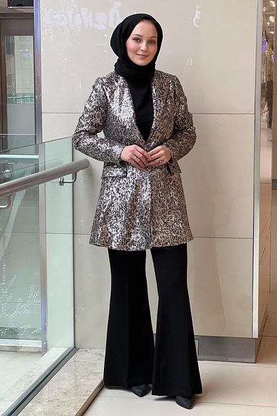 Nurcan Çetin Sequined Jacket Sleeveless Innerwear 3 Piece Set with Pants