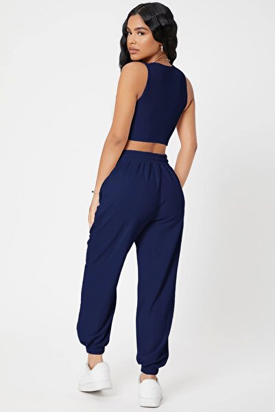 Çamaşır Kenti Kadın Lacivert Kaşkorse Cepli Jogger Eşofman Altı ve Crop Top Bluz