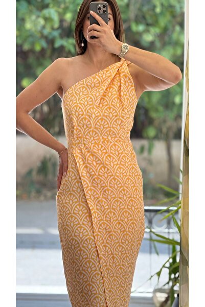 HANER BUTİK Sarı Desenli Tek Omuz Midi Boy Elbise