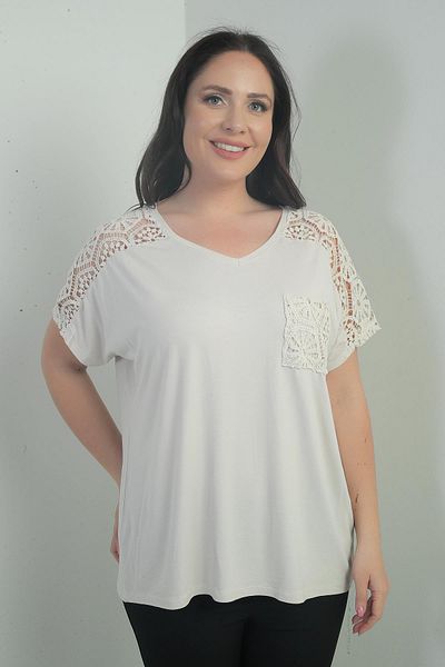 By Saygı Women's Shoulder and Pocket Lace Large Size Blouse