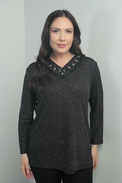 By Saygı Women's Pearl-Stone Detailed V-Neck Lycra Lurex Large Size Blouse