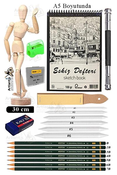 Artlantis Ahşap İnsan Modeli 30 cm A5 Eskiz Defteri Dereceli Karakalem Seti D...