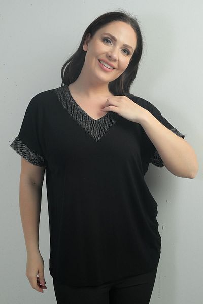 By Saygı Women's Collar and Sleeve Tip Glittered Mesh Detailed Large Size Blouse