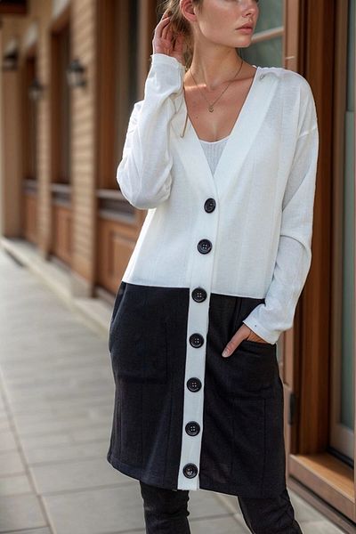 bacc White Double Pocket Color Block Cardigan Bcbsk-25700-3009