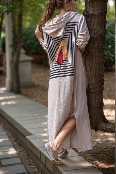 bacc Stone Linen Hooded Side Slit Printed Long Dress Bcbsk-25700-3225