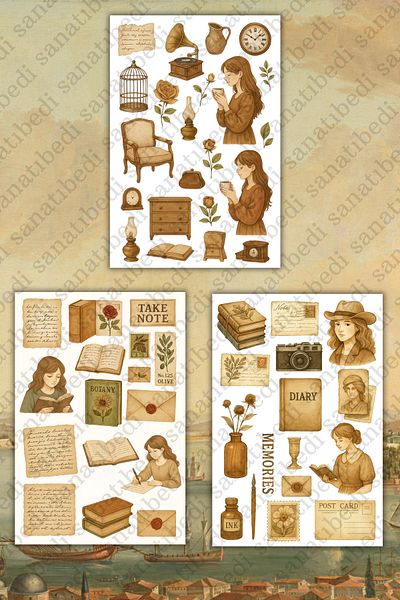 sanatıbedi 3 Sheets Vintage Diary Daily Sticker - Laptop Agenda Motor Helmet Phone Tablet Journal Label