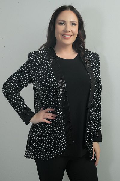 By Saygı Women's Long Sleeve Blouse Front Sleeve Tips Pulpayet Polka Dot Chiffon Jacket Large Size 2 Piece Set