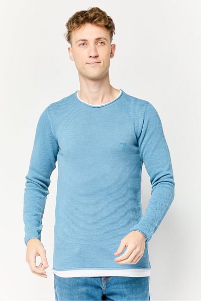 Guess Men Crew Neck Textured Sweater, Light Blue