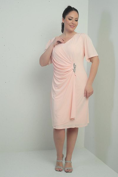 By Saygı Rochie de damă cu decolteu în V, cu mărgele în față, cu detalii de piatră, căptușită, mărime mare, din lycra