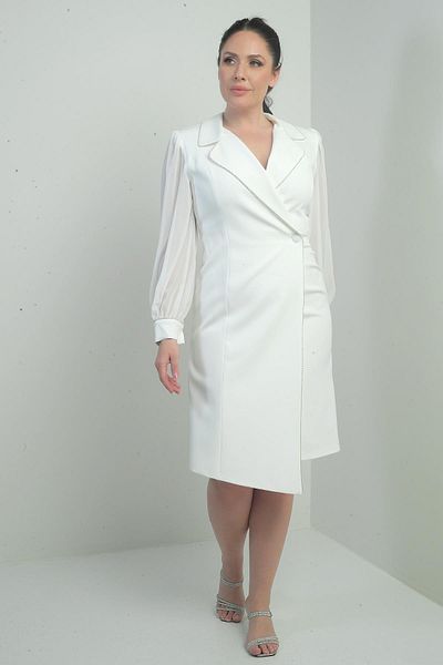 By Saygı Women's Double Breasted Lapel Sleeves Chiffon One Button Large Size Short Dress