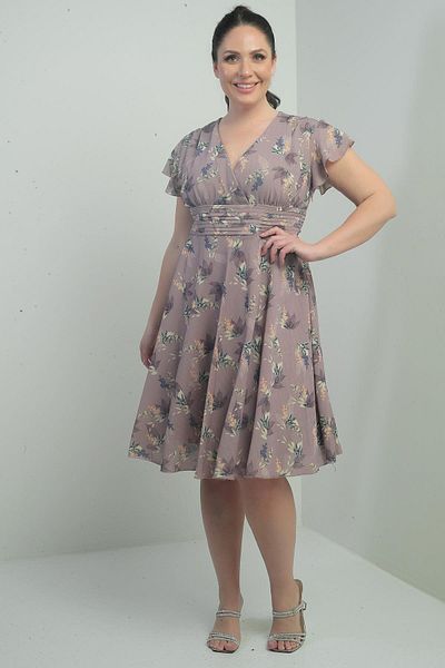 By Saygı Double Breasted Collar Sleeve Flounce Lined Large Size Printed Linen Dress