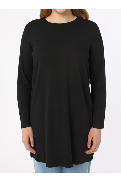 ALİA Büyük Beden Viskon Kumaştan Bisiklet Yaka Tunik - Siyah - Alia