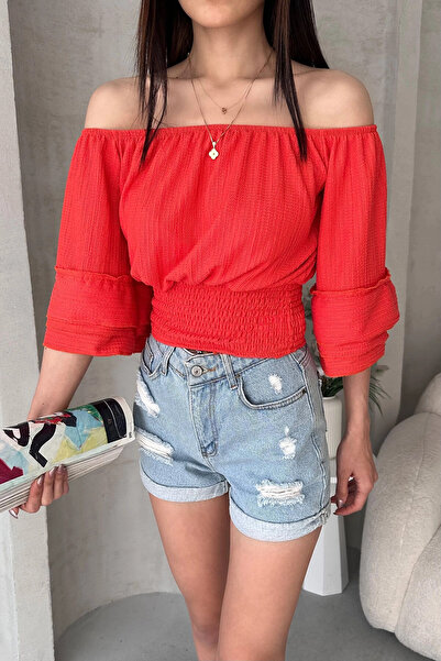 bacc بلوزة جيبي بياقة مادونا برتقالية للسيدات Bcdf-252197