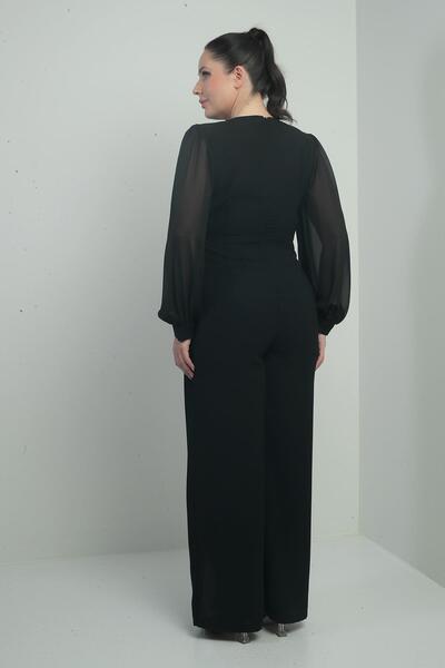 By Saygı Women's V-Neck Front Single Button Sleeves Chiffon Half Lined Large Size Crepe Jumpsuit