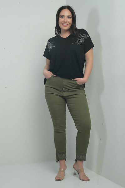 By Saygı Women's Skinny Leg Stone and Tassel Detailed Lycra Large Size Canvas Trousers