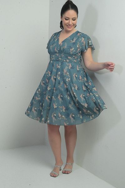 By Saygı Double Breasted Collar Sleeve Flounce Lined Large Size Printed Linen Dress