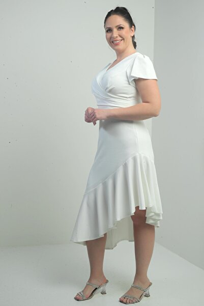 By Saygı Women's Double Breasted Lapel Front Draped Lined Skirt Flounces Large Size Crepe Dress