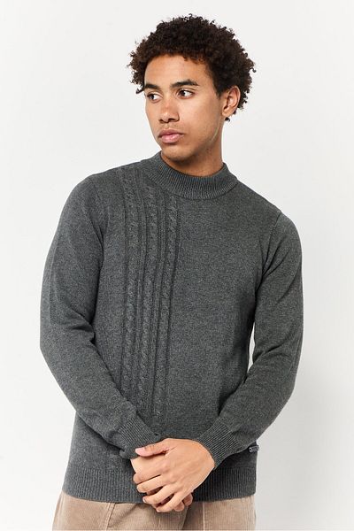 Harmont & Blaine Men Ribbed Collar Long Sleeve Knitted Sweater, Dark Grey