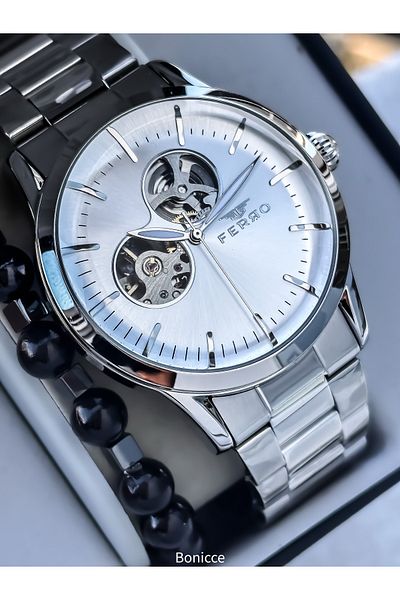 FERRO Men's Watch, Automatic (Without Battery), Steel Band, Silver - White Color, Bracelet Gift