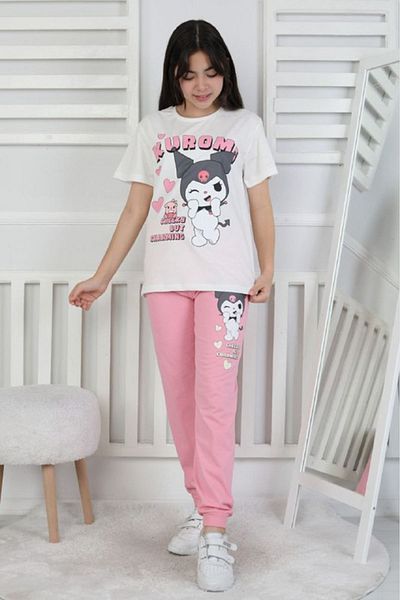 Yağmur Giyim İsob Pink Kuromi Patterned 100% Cotton Girl's Short Sleeve Pajamas Set 8-13 Years 41414-P