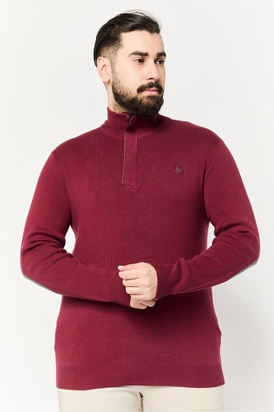 Harmont & Blaine Jeans Men Half Zipper Embroidered Logo Sweater, Burgundy