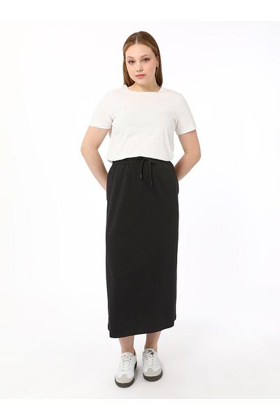 ALİA Large Size Elastic Waist Knitted Skirt - Black - Alia
