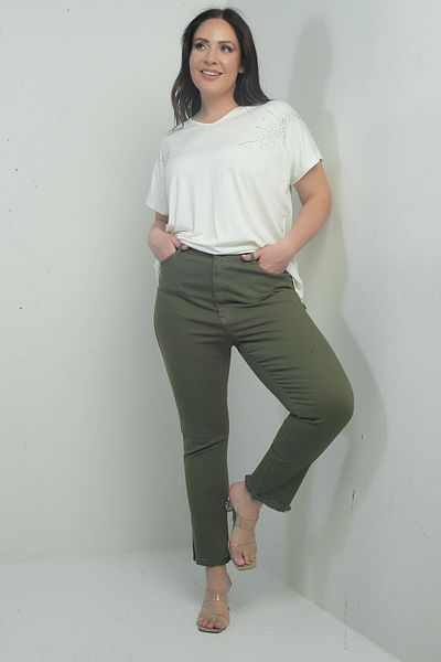 By Saygı Women's Skinny Leg Stripe Stone Detailed Lycra Large Size Canvas Trousers