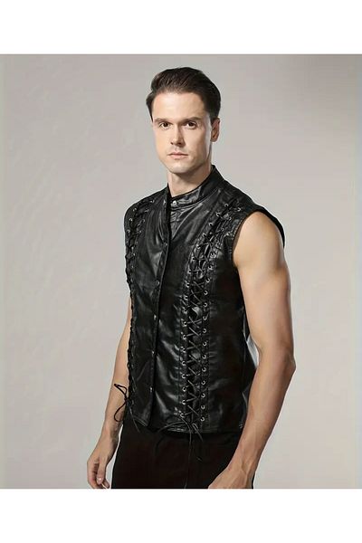 NYC GİYİM TEKSTİL Punk Style Genuine Leather Vest, Leather Rope Tie Silhouette, No Pocket on the Outside, Pocket on the Inside