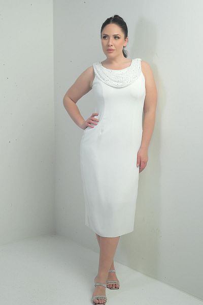 By Saygı Flounce Collar Stone Detailed Lined Large Size Crepe Midi Dress