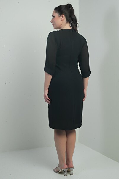 By Saygı Women's Sleeves Chiffon Pleated Lined Plus Size Dress