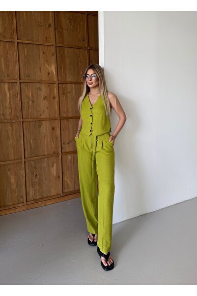 HOEK Kadın Yeşil Bağlamalı Yelek Pantolon Takım