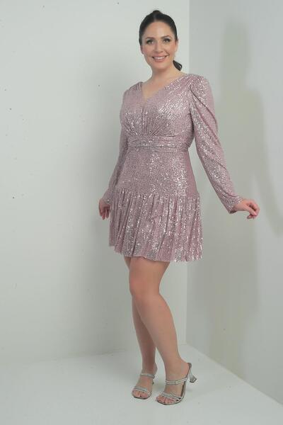 By Saygı Women's Front Back V Neck Lined Draped Long Sleeve Plus Size Pulpayet Dress