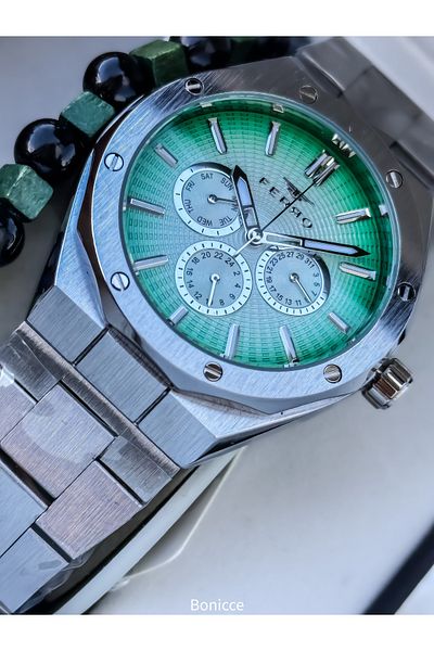 FERRO Men's Watch, Functions Active, Green Steel Band in Silver, Bracelet Gift