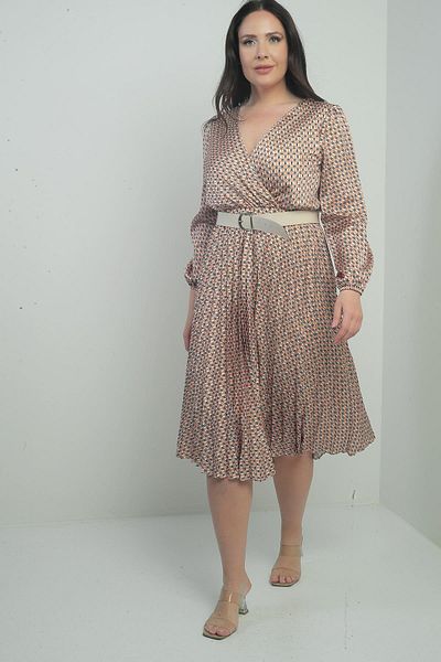 By Saygı Rochie B.B din satin midi pliat cu model, cu două piepturi, cu centură în talie