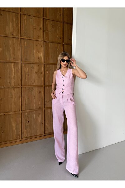 HOEK Kadın Pembe Bağlamalı Yelek Pantolon Takım