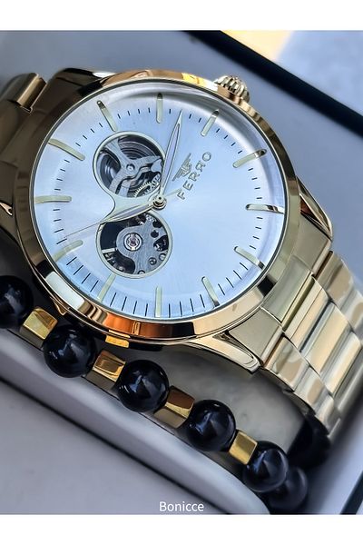 FERRO Men's Watch, Automatic (Without Battery), Steel Band, Yellow Color, Bracelet Gift