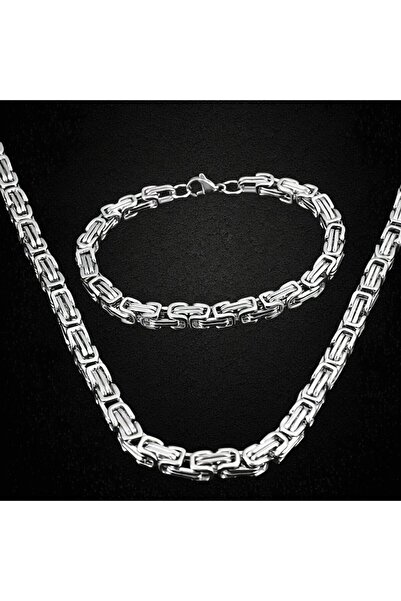 Tasarım Çelik Takı Seti Bileklik Kolye Kral Zincir Model 0.5 Mm 22-55 Cm Bizans Bağlantı Gümüş Silver