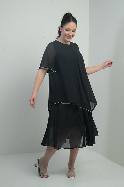 By Saygı Women's Short Flounce Sleeve Lined Stone Detailed Large Size Chiffon Midi Dress