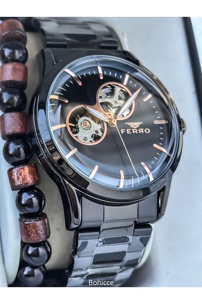 FERRO Men's Watch, Automatic (Without Battery), Steel Band, Black Color, Bracelet Gift