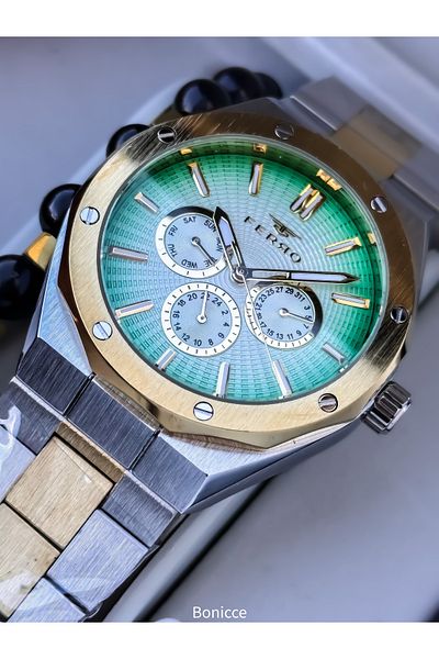 FERRO Men's Watch, Functions Active, Silver Yellow Steel Band, Bracelet Gift