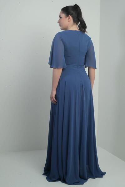 By Saygı Women's V-Neck Waist with Stones Draped Lined Large Size Long Chiffon Dress