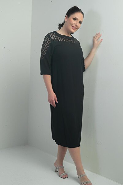 By Saygı Women's Lapel and Shoulder Sequin Detailed Half Sleeve Lined Crepe Plus Size Midi Dress