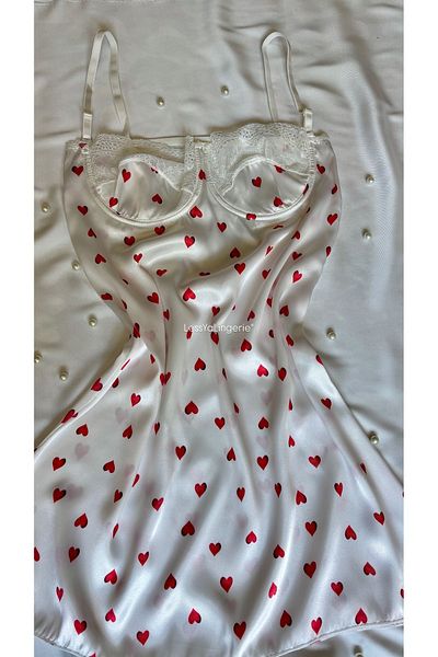 Lessya Heart Patterned Satin Nightgown with Underwire Adjustable Straps