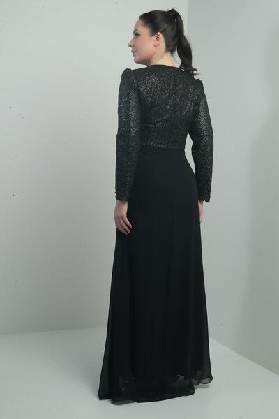 By Saygı Women's Top with Sequin-Bead Detail Lined Waist with Floral Draping Plus Size Long Chiffon Dress