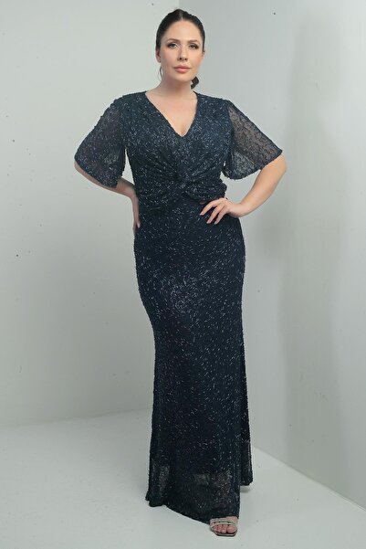 By Saygı Women's V-Neck Lined Front Knot Detail Tube Bead Embroidered Large Size Long Dress