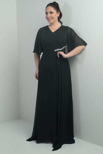 By Saygı Women's V-Neck Waist with Stones Draped Lined Large Size Long Chiffon Dress