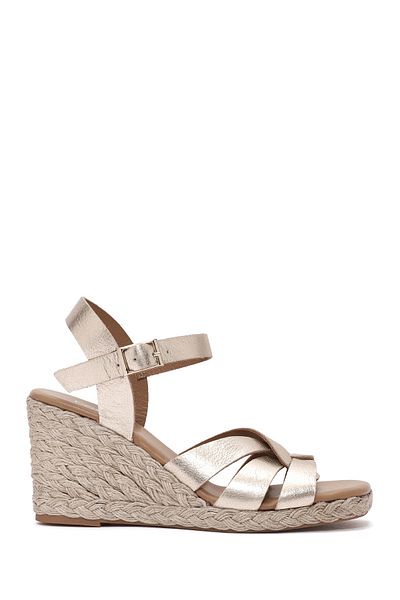 Derimod Women's Gold Ankle Buckle Wedge Heeled Metallic Leather Espadrille Sandals 25Sfd153332
