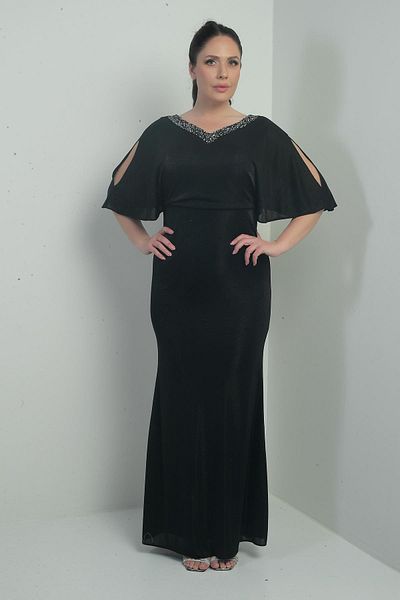 By Saygı Rochie de damă, față, spate, cu decolteu în V, căptușită, cu mâneci liliac, lungă, cu sclipici, mărime mare